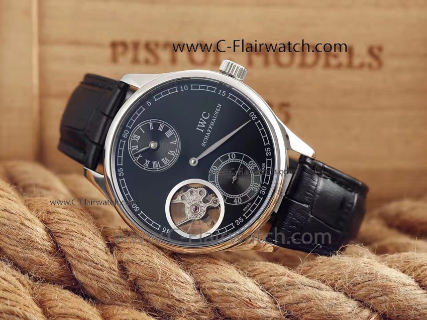 IWC Tourbillon SS Black Face Watch Black Leather Strap